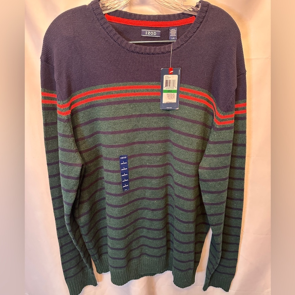 NWT Izod Size Large Crewneck Sweater Navy Blue Green Orange Striped‎ Long Sleeve
